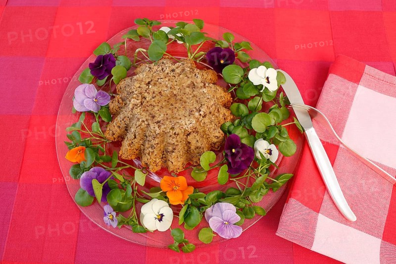 Vegetarian cuisine, chestnut roast, chestnut cake, chestnut roast, chestnut cake with hazelnuts, chestnut cake, savoury, vegan, salty, baked, from the oven, healthy, main course, glass plate, new kitchen, decoration with pansies, violet (Viola), cutlery, knife, fork, food photography, studio, Germany, Europe