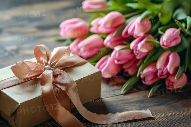 Gift Box with Pink Ribbon Beside bouquet of Fresh Tulips. Background for Valentine day, March 8, mother day, spring holidays, birthday, AI generated
