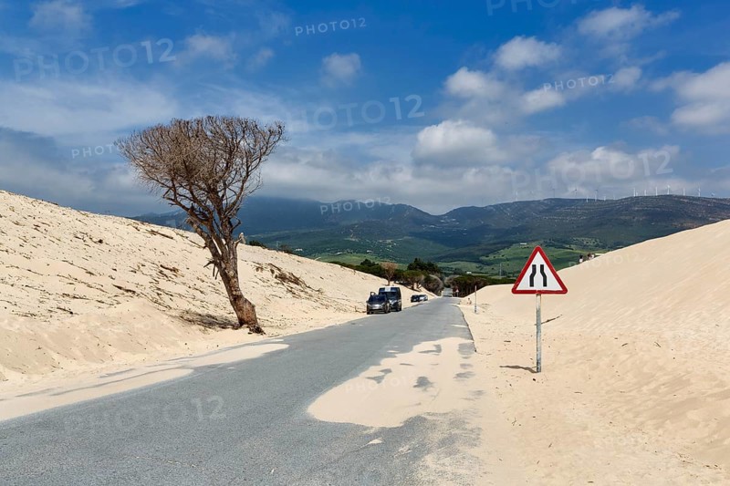 Moving dune with traffic sign, caution narrowed lane, narrowing of lane, dune, coastline near Valdevaqueros, Tarifa, Costa de la Luz, Spain, Europe