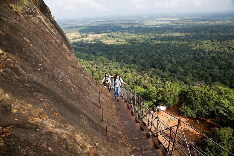 Metal staircase ascending from rock palace fortress, Sigiriya, Central Province, Sri Lanka, Asia