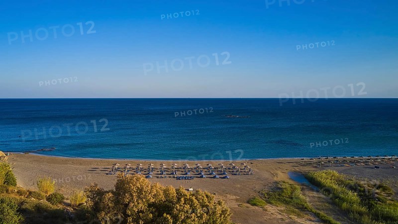 Beach, wetland, umbrellas, sun loungers, green-blue sea, blue cloudless sky, Frangokastello, Venetian fortress, fortress castle, Sfakia, West Crete, south coast, island of Crete, Greece, Europe