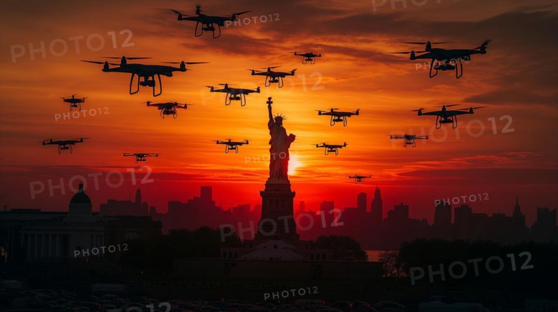 Swarm of UAV unmanned aircraft drones flying near the United States statue of liberty in new york, AI generated
