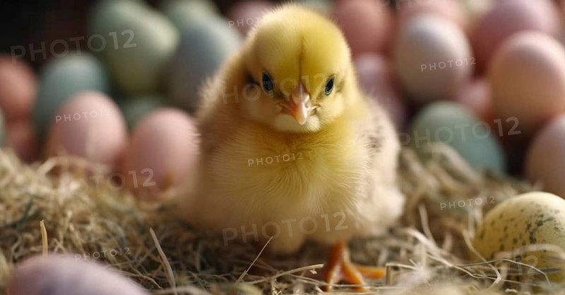 Cute newborn chick next to colorful easter eggs, generative AI, AI generated