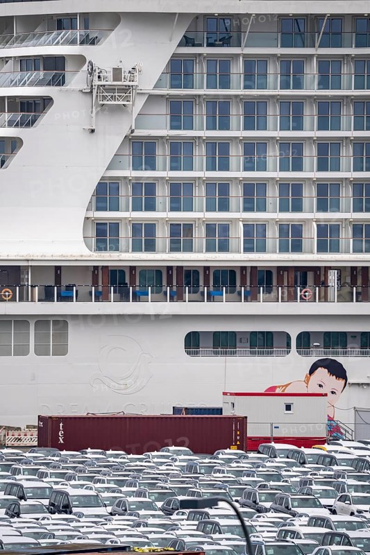 Parking space for import vehicles, hundreds of Hyundai Ioniq, electric cars, waiting for onward transport, cruise ship World Dream, Manara, at the EUROGATE container terminal in the overseas port of Bremerhaven, Lower Saxony, Germany, Europe