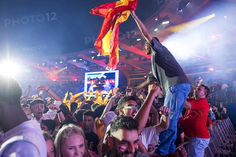 Fans of the Spanish team celebrate the European Championship title after the 2:1 victory against England at the Adidas fan zone at the Bundestag after the final match between Spain and England at the European Football Championship, Berlin, 14 July 2024