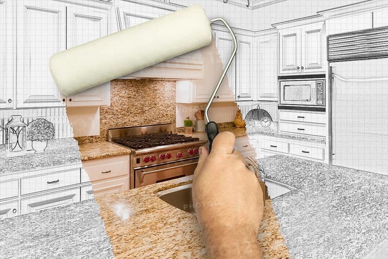 Before and after of man painting roller to reveal custom kitchen photograph under pencil sketch drawing plans