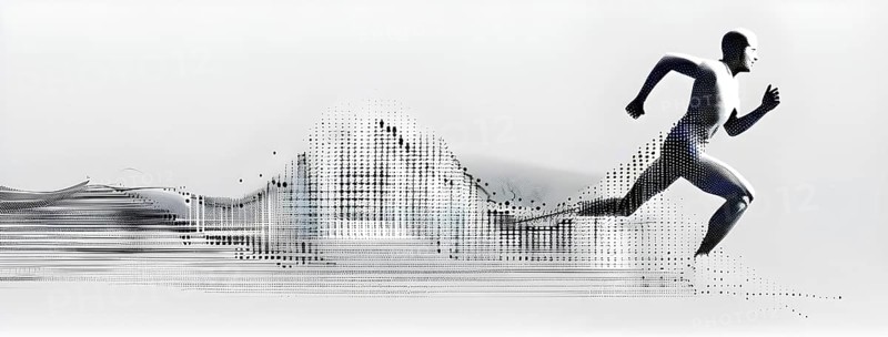 Wave of data points shaping into a runners silhouette, abstract illustration in black and white, conveying speed and precision guided by AI, AI generated