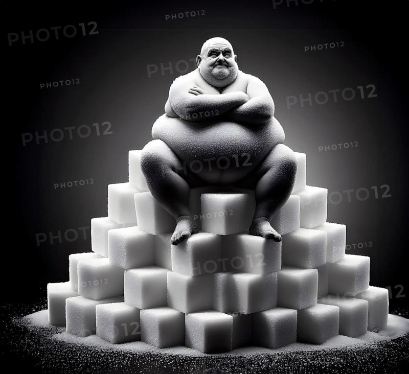 A severely overweight man with obesity sits on a pyramid of sugar cubes, symbolic image disease, obesity, diabetes, AI generated, AI generated