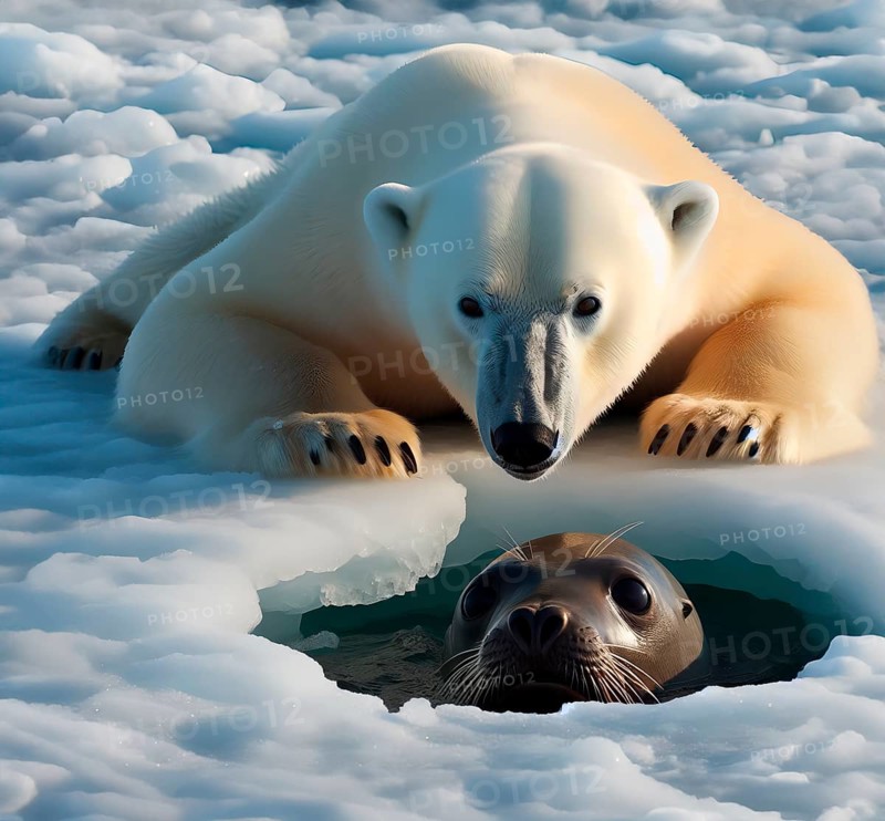 A polar bear at an ice hole hunting for a seal in the Arctic, AI generated, AI generated