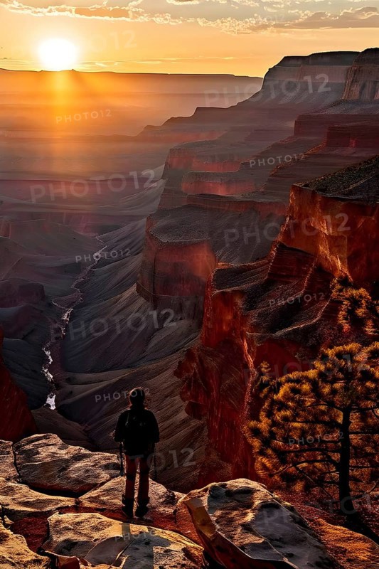 Sunrise over grand canyon in vibrant colors casting light on overhanging rock formations, AI generated
