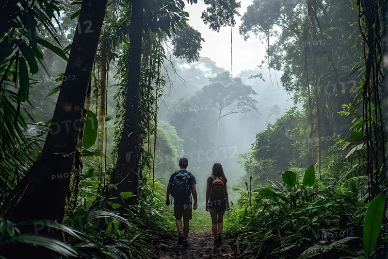 Adventurous couple hiking through dense amazon rainforest, AI generated
