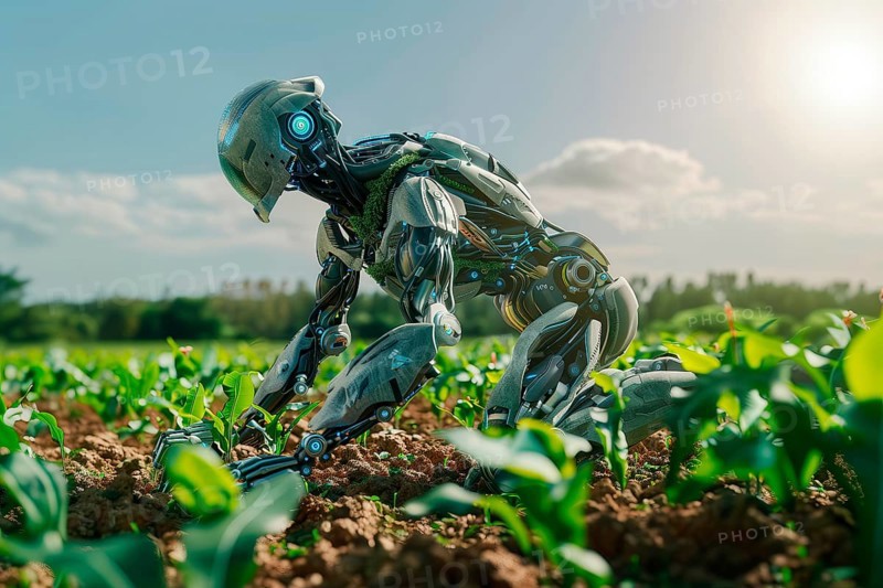 Vegetable humanoid robot working in a crop field, AI generated