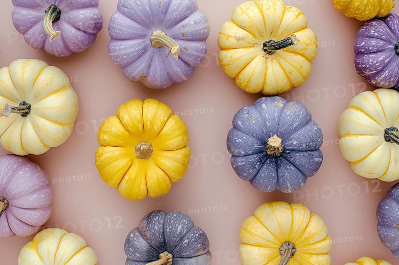 Op view of yellow and purple pumpkins on pastel background, Generative Ai, AI generated