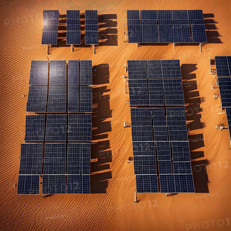 Complex layout of a photovoltaic power plant symmetrically arranged in rows of solar panels, AI generated