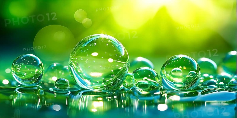 A cluster of iridescent vibrant green oil bubbles floating on a water surface, AI generated