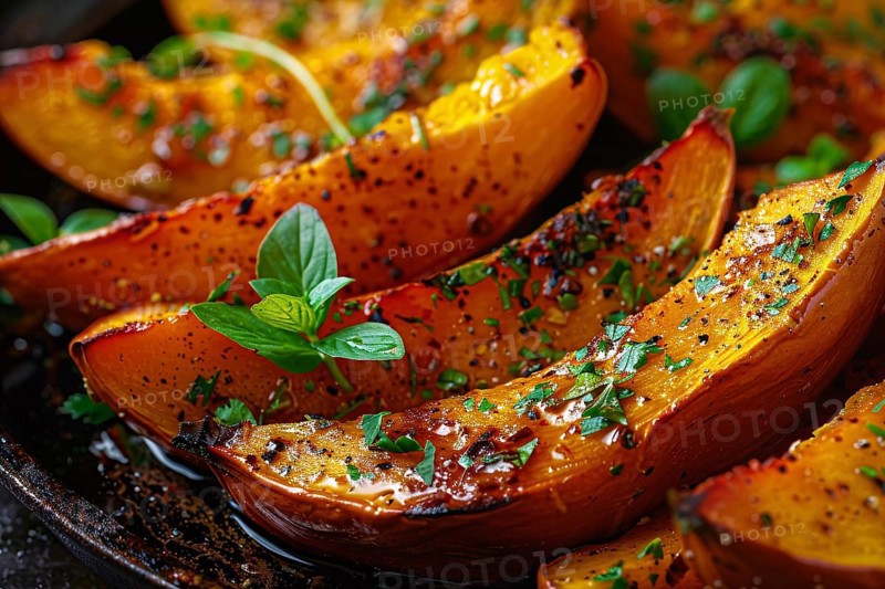Close up of baked pumpkin wedges with seasoning. Generative Ai, AI generated