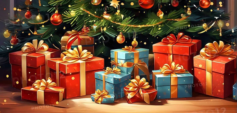 Abstract illustration of wrapped Christmas gifts, shiny ribbons and bows, stacked under a evergreen tree in a cozy living room, AI generated