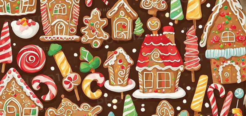 Abstract wallpaper illustration of of gingerbread house decoration, AI generated