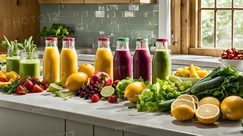 Smoothie surrounded by an assortment of fruits and vegetables, AI generated