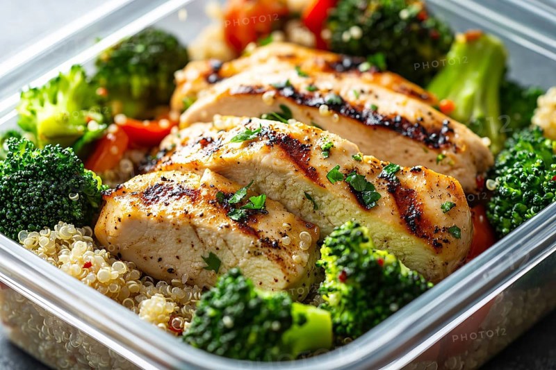 Meal prep with healthy grilled chicken breast, broccoli vegetable and quinoa. Generative Ai, AI generated