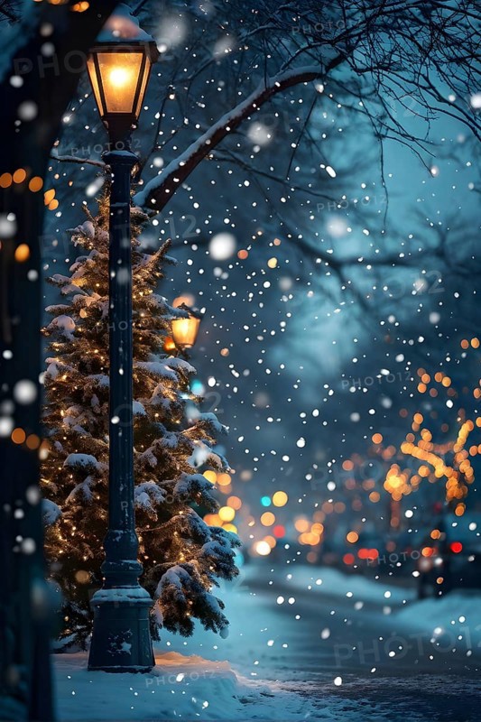 Christmas Eve with snowflakes fall under the light of a streetlamp with a decorated tree in the background, AI generated