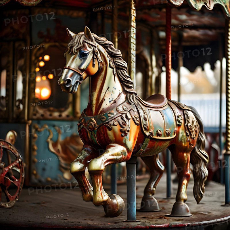 Carousel horse rusted and chipped paint embodying forgotten childhood dreams, AI generated