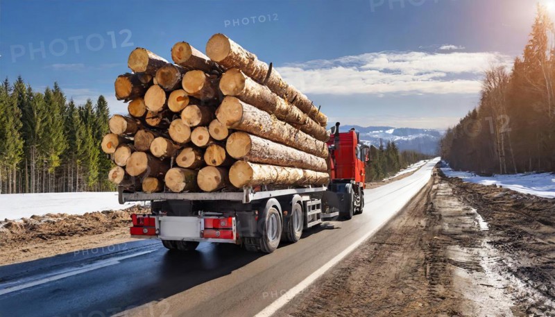 Forestry, timber industry, lorry, long timber transporter loaded with logs, on the road, AI generated, AI generated
