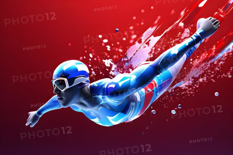 Abstract digital render of an olympic swimmer morphing into fluid shapes in french tricolor blue red and white, AI generated, Paris, Paris, Olympic Games