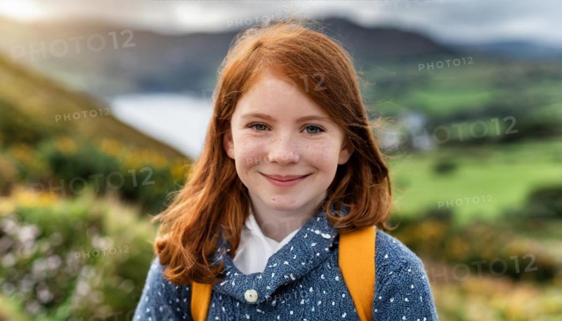 A girl with red hair and freckles enjoys nature, surrounded by countryside, Ireland, ki generated, AI generated, Europe