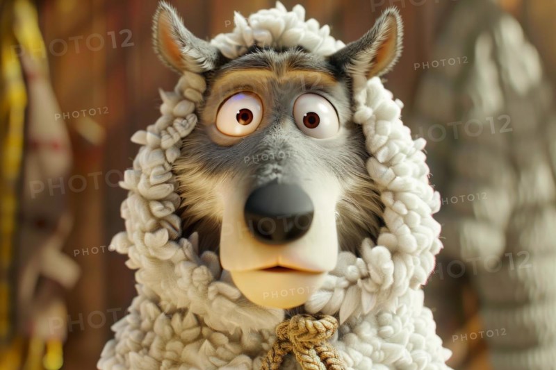 Illustration, funny caricature of a wolf in sheep's clothing, example of a figure of speech, metaphor, visualisation for an enemy disguised as a friend, AI generated, AI generated, AI generated