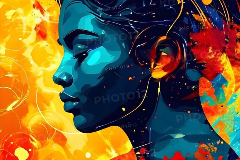 AI generated abstract portrait in vector art foundation watercolor textures with overlapping photographic elements