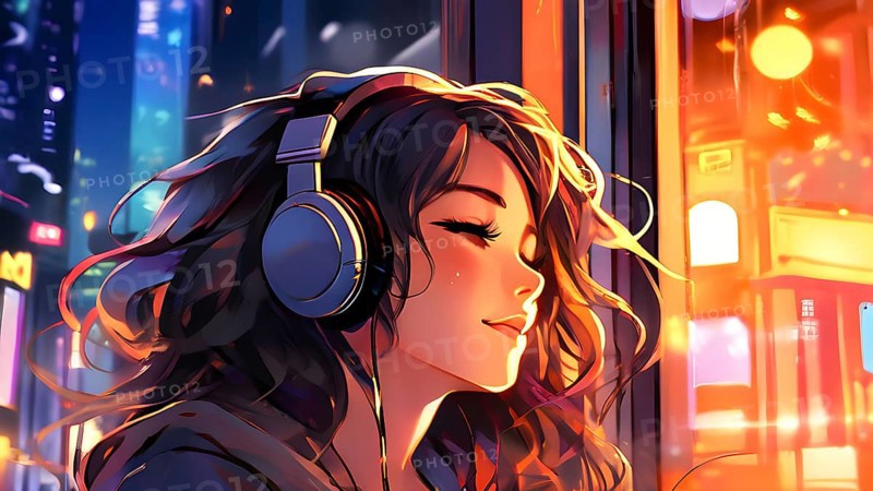 Anime style portrait of a girl with large headphones engulfing her ears, AI generated