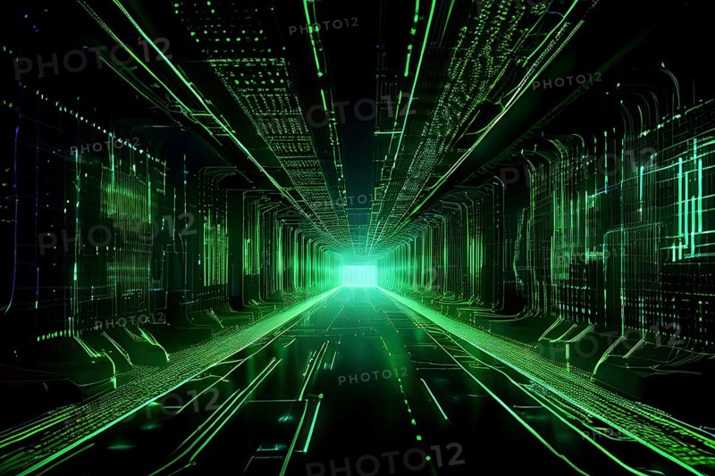 Digital data tunnel streaming with cascading binary code, AI generated
