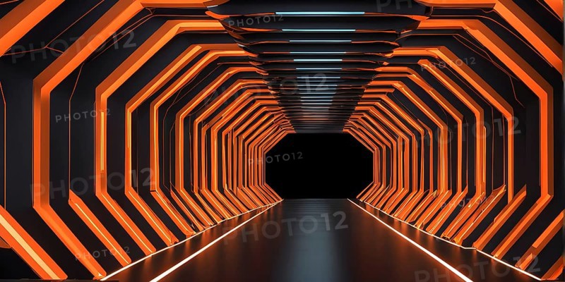 Abstract geometric pattern tunnel structure embodying data streams and communication in orange hues, AI generated