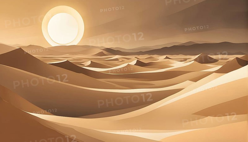 Abstract desert scene with triangular sand dunes and a single circular sun, using sharp lines and subtle gradients in neutral earth tones, AI generated