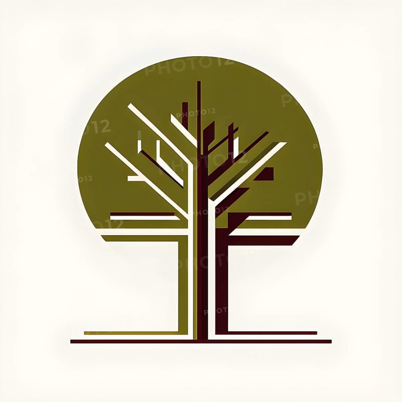 Abstract geometric tree with a circular canopy and a rectangular trunk, arranged in a clean, balanced design with a limited color palette of olive green, deep brown, and ivory, AI generated
