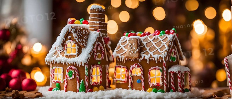 Gingerbread house decorations, focusing on the intricate icing details, colorful candy, and soft, warm light creating a cozy festive ambiance, AI generated