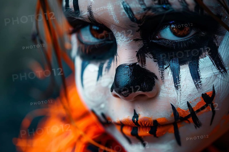 Close up of young girl child's face with scary Halloween costume face paint. Generative AI, AI generated