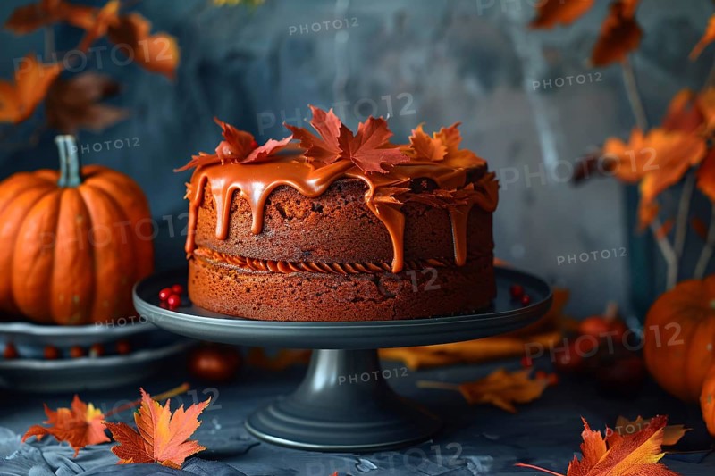 Pumpkin cake with autumn leaves and pumpkins. Generative AI, AI generated