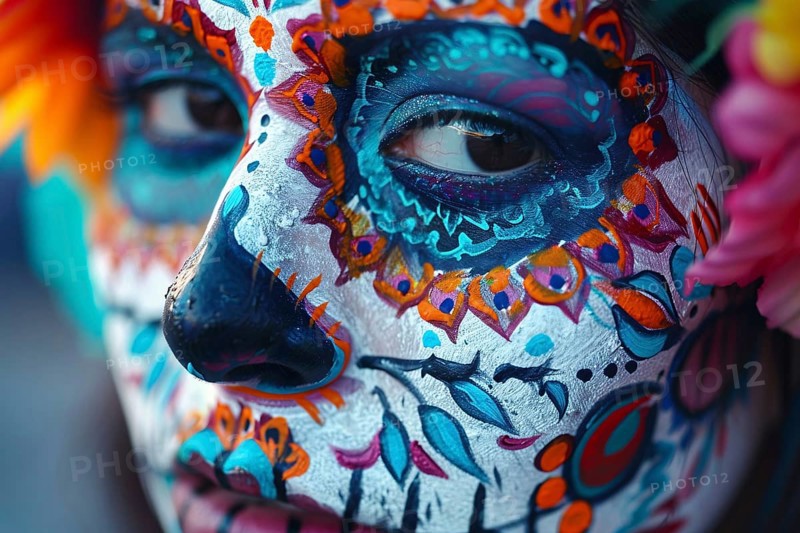 Close up of woman's face with colorful Halloween Dia de los Muertos costume face paint. Generative AI, AI generated