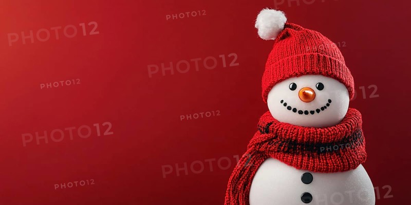 Cute snowman with knitted hat and scarf on red background with copy space. Generative AI, AI generated