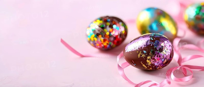 Small chocolate Easter eggs wrapped in shiny foil, placed on a bed of shredded pastel-colored paper, AI generated