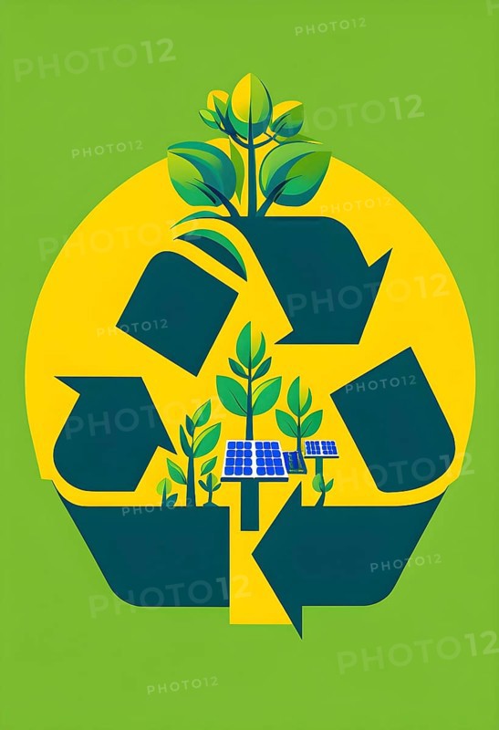 Recycling symbol morphing into growing plants and solar cells to symbolize the transformation of waste into renewable resources, AI generated