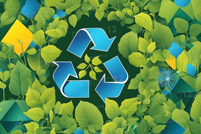 Recycling symbol morphing into growing plants and solar cells to symbolize the transformation of waste into renewable resources, AI generated