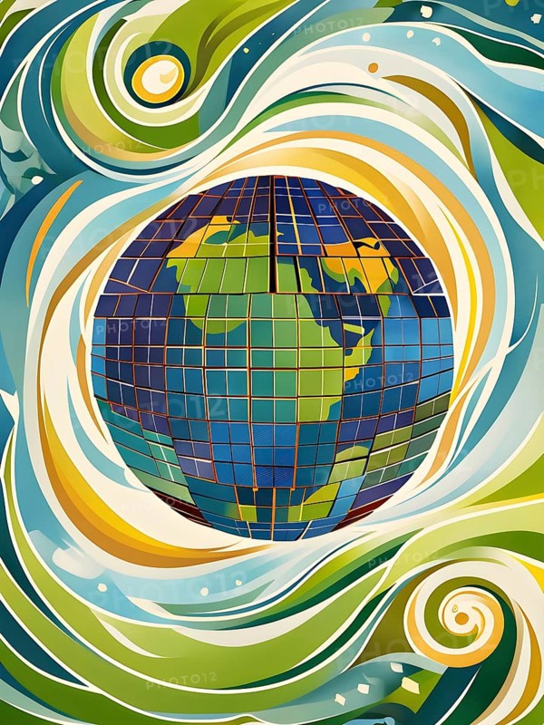 Illustration of a globe composed of triangular solar panels and swirling wind patterns, symbolizing global renewable energy, AI generated