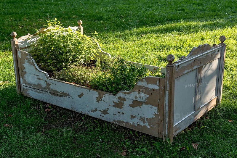Old wooden bed as raised bed, herb garden, herbs and vegetables grown in it, garden of Friedberg Castle, castle park, old town, Friedberg, Wetteraukreis, Hesse, Germany, Europe