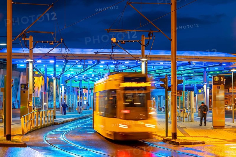 Ruhrbahn trams, at Essen-Steele S-Bahn station, interface between rail transport and tram and bus lines, in Essen, North Rhine-Westphalia, Germany, Europe