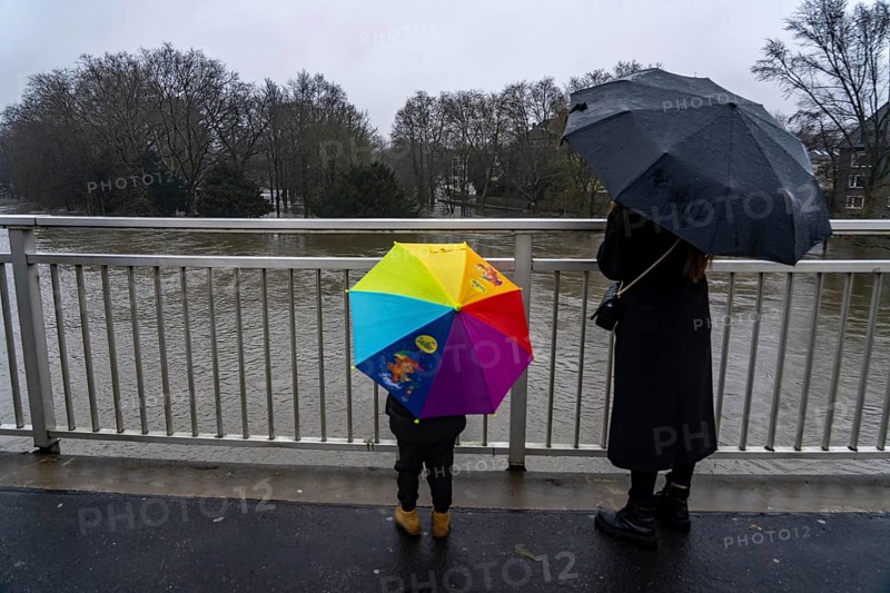 Spectators at the flood on the Ruhr, here near Essen-Werden, flooded Brehm-Insel, after days of continuous rain, North Rhine-Westphalia, Germany, Europe