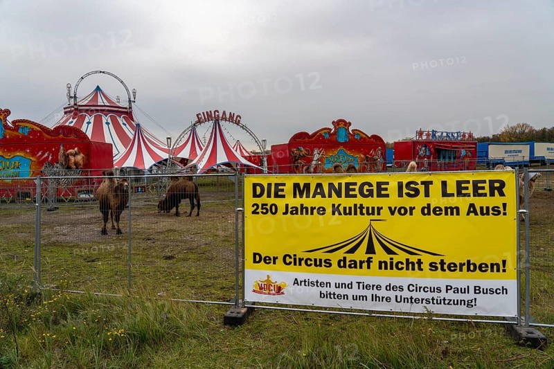 Circus Paul bush, shut down during the second corona lockdown, in Oberhausen, with posters pointing out the difficult situation of circus businesses during the pandemic, Oberhausen North Rhine-Westphalia, Germany, Europe
