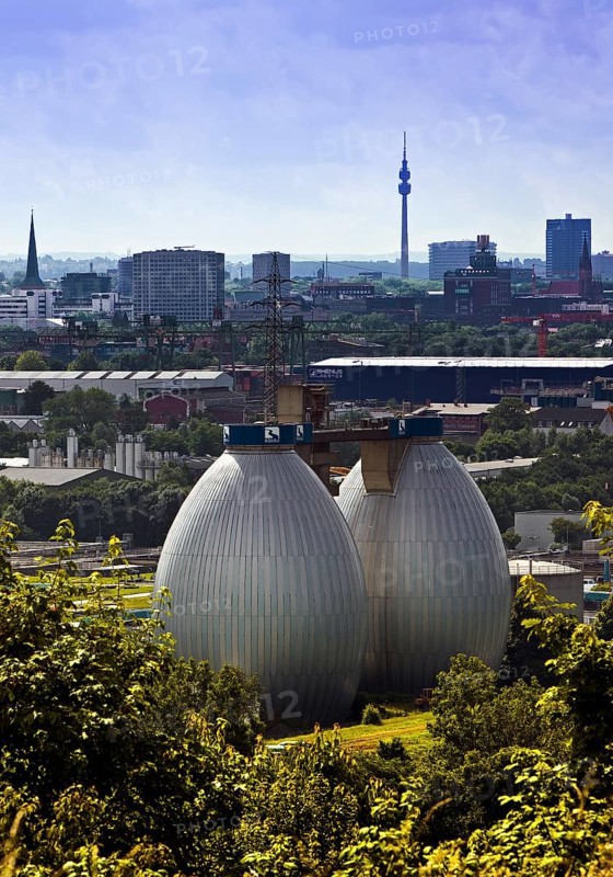 City panorama from Deusenberg with digesters and Florianturm, Dortmund, Ruhr area, North Rhine-Westphalia, Germany, Europe